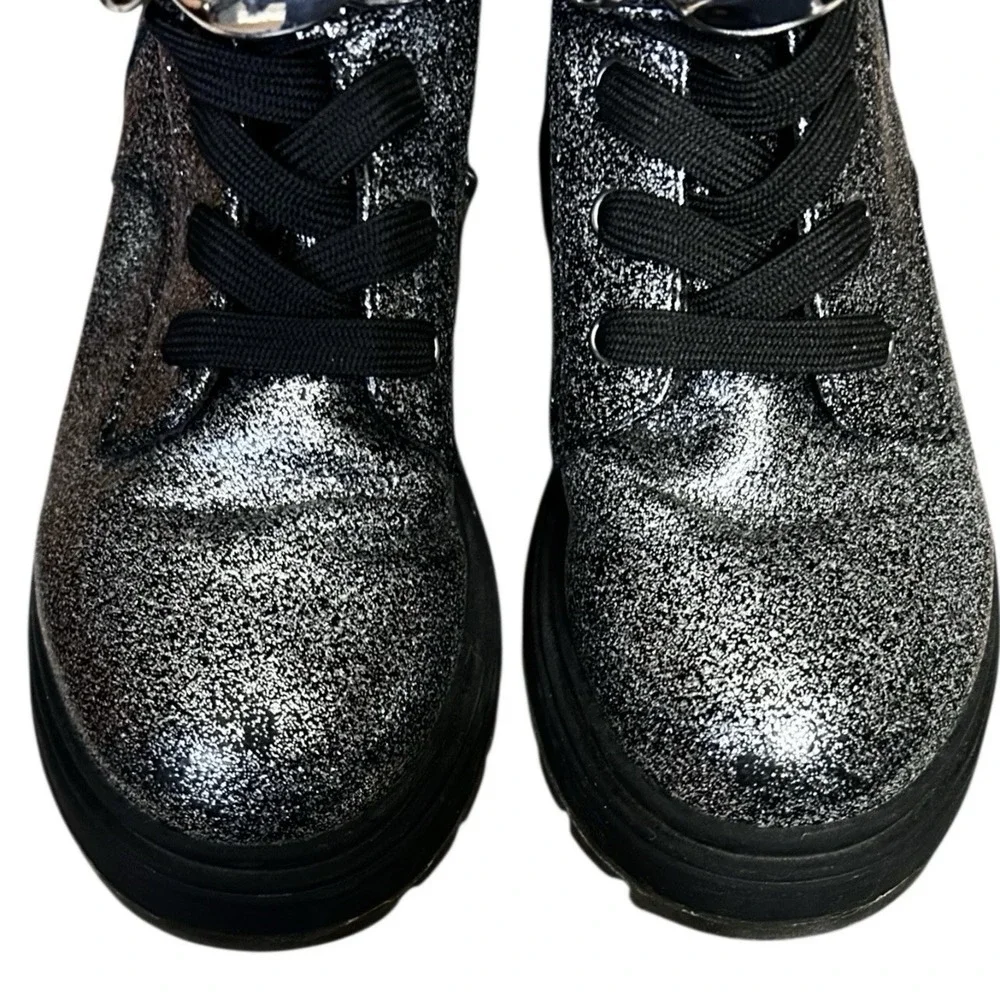 NINA Weslyn Glitter Combat Boots Girl sz 13 Silver Metallic Ankle Bootie Chain